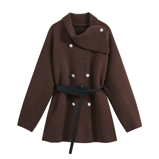 Damen Taillierter kurzer Wollmix‑Mantel mit asymmetrischem Stehkragen und Bindegürtel Nord Taschen