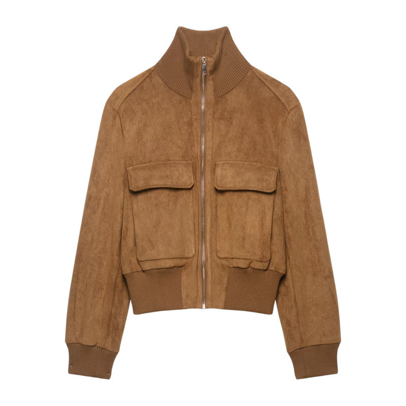 Damen Kurze Wildlederoptik-Bomberjacke mit Stehkragen, Klappentaschen und Rippbündchen Nord Taschen