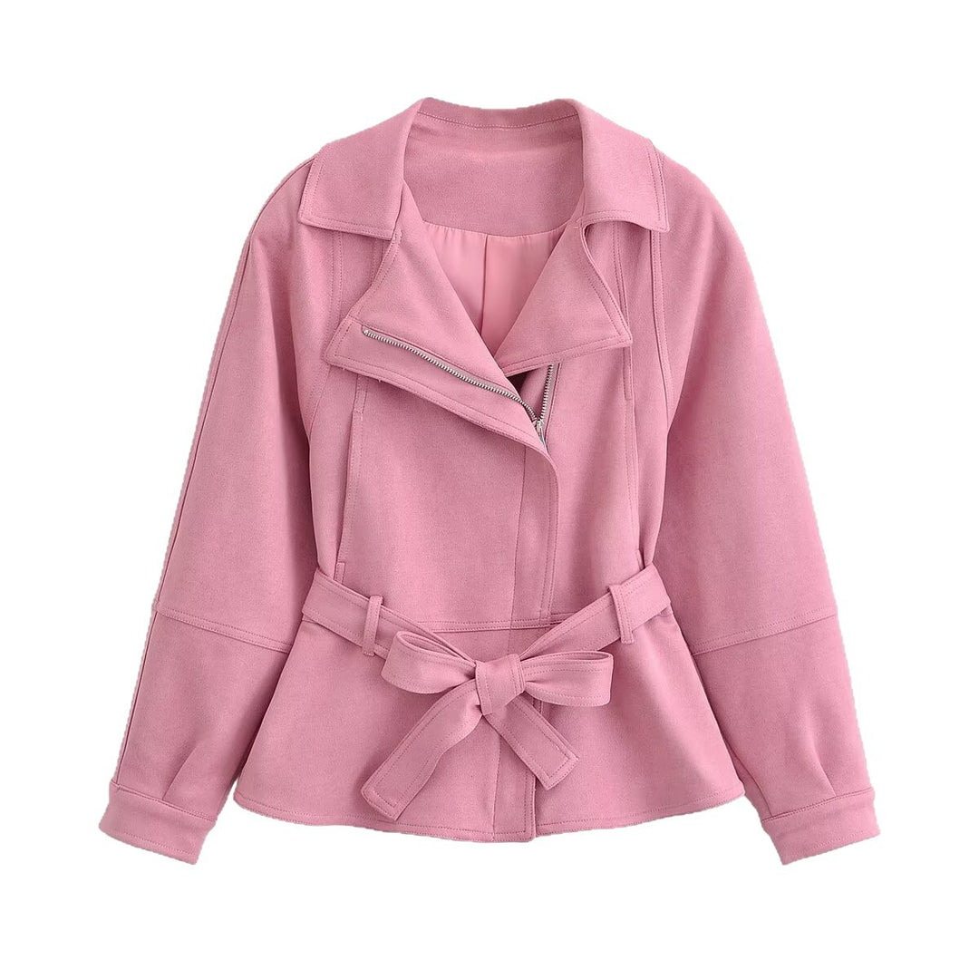 Damen taillierte Kurzjacke im Peplum‑Schnitt mit Schleifen‑Bindegürtel und asymmetrischem Reißverschluss Nord Taschen