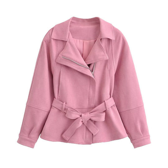 Damen taillierte Kurzjacke im Peplum‑Schnitt mit Schleifen‑Bindegürtel und asymmetrischem Reißverschluss Nord Taschen
