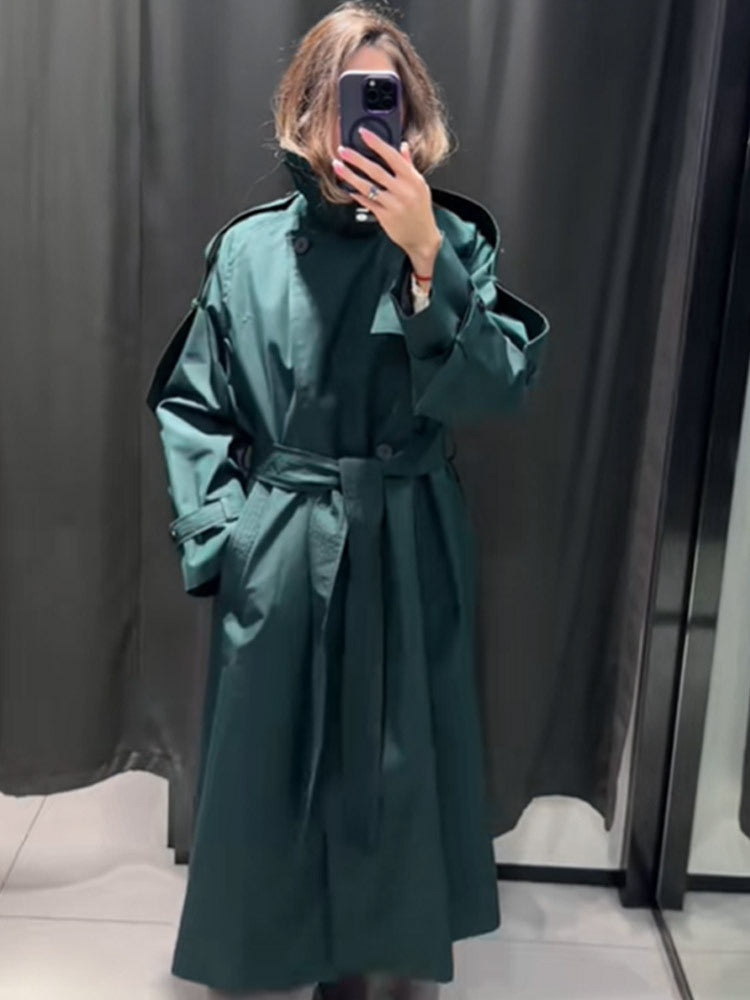 Damen Langer wasserabweisender Trenchcoat mit Taillengürtel und hohem Stehkragen Nord Taschen
