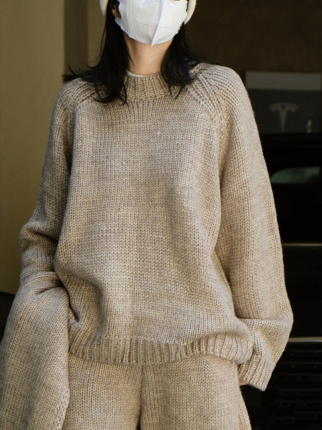 Damen Relaxter Grobstrick-Raglanpullover mit weitem Bund und geripptem Abschluss Nord Taschen