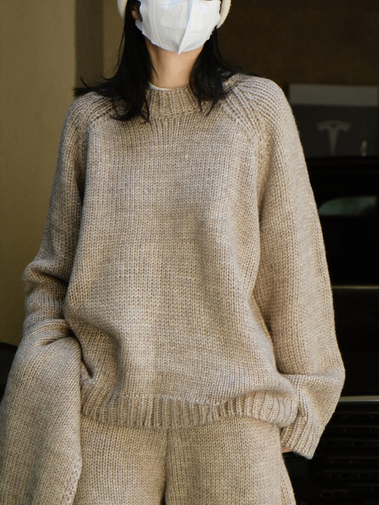 Damen Relaxter Grobstrick-Raglanpullover mit weitem Bund und geripptem Abschluss Nord Taschen