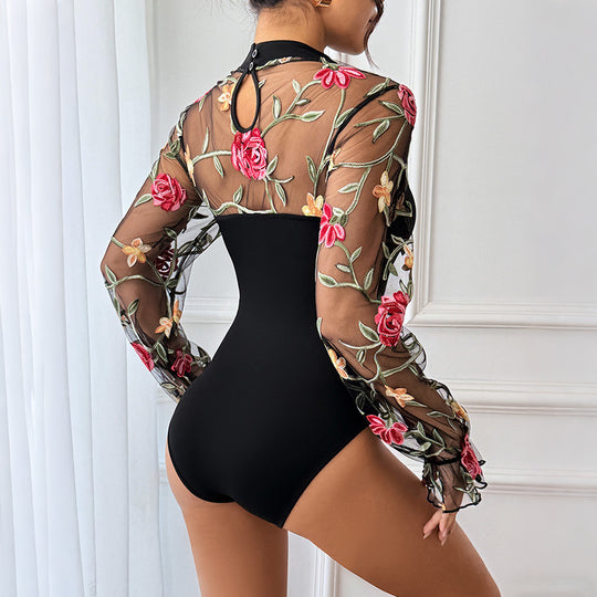 Damen Transparenter Mesh-Body mit floraler Stickerei, Stehkragen und Bustier-Optik Nord Taschen
