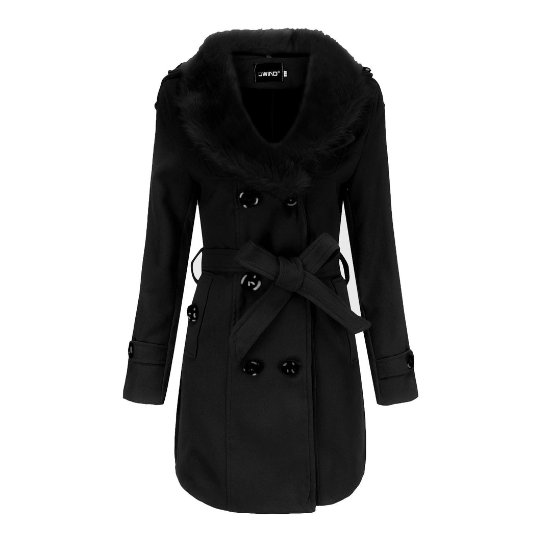 Damen Midi-doppelreihiger Mantel mit vollem Kunstfell‑Schalkragen und Wickelgürtel Nord Taschen