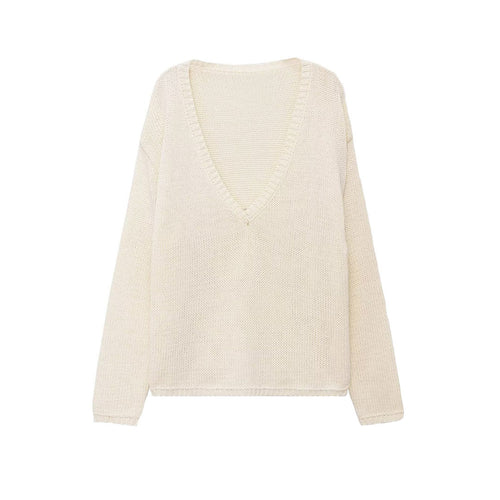 Damen Grobstrickpullover mit tiefem V-Ausschnitt und Oversize-Schnitt Nord Taschen