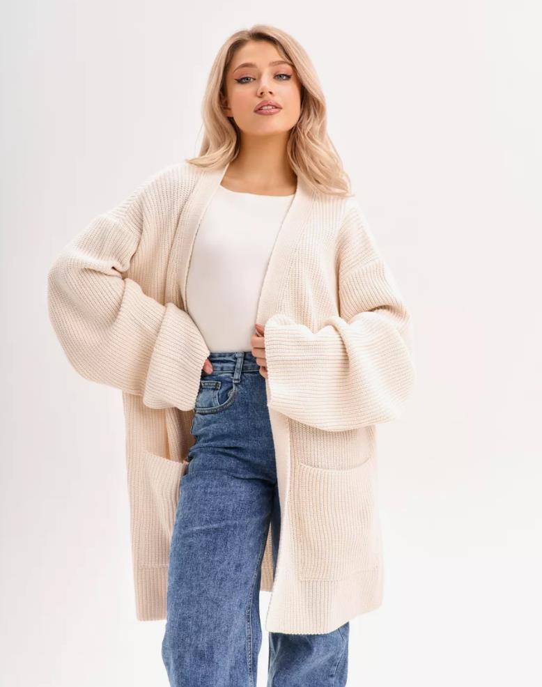 Damen kuscheliger langer Strickcardigan mit weiten Ärmeln und praktischen Taschen Nord Taschen
