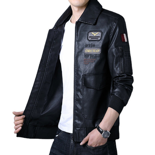 Herren Piloten‑Bomberjacke aus Kunstleder mit gestickten Patches und Rippbündchen Nord Taschen