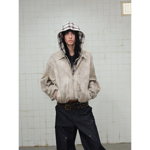 Unisex Kurz geschnittene Boxy‑Jacke aus Wildlederoptik mit kariert gefütterter Kapuze Nord Taschen