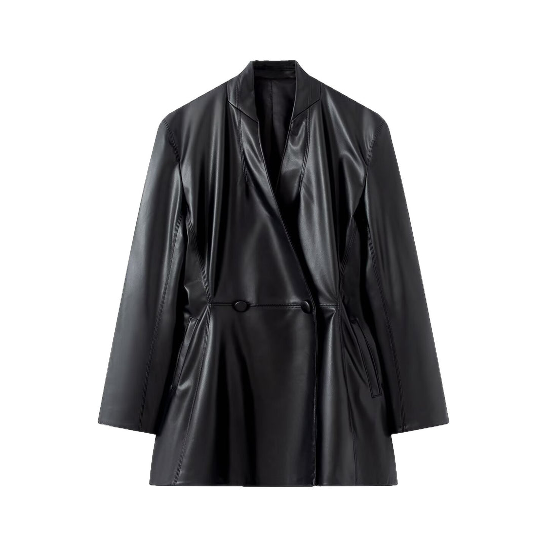 Damen Langer taillierter Blazer‑Mantel aus veganer Lederoptik mit fallendem Schalkragen und Doppelknopf-Leiste Nord Taschen