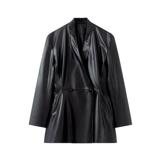 Damen Langer taillierter Blazer‑Mantel aus veganer Lederoptik mit fallendem Schalkragen und Doppelknopf-Leiste Nord Taschen