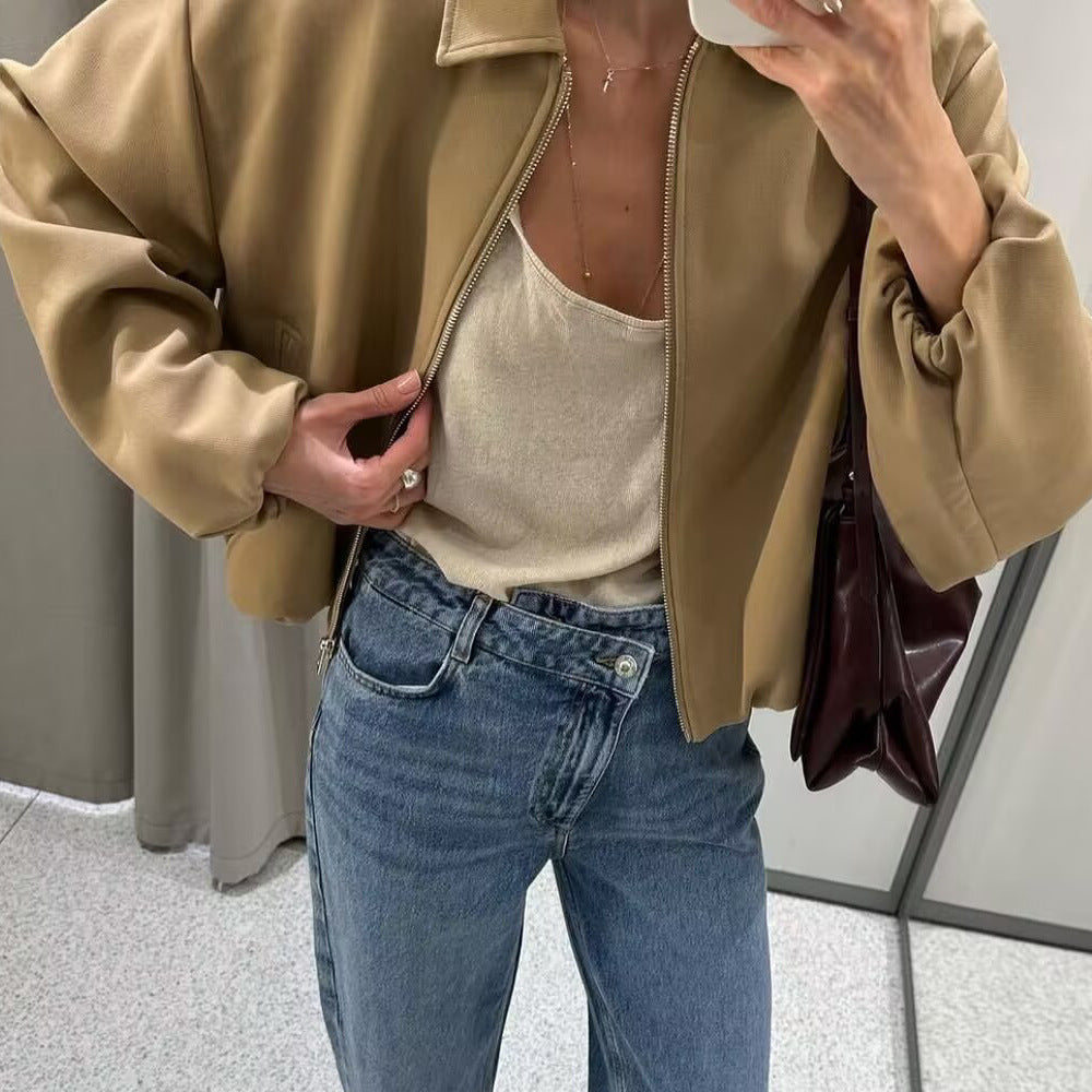Damen Cropped Bomberjacke mit elastischem Saum, durchgehendem Reißverschluss und ballonärmeln Nord Taschen