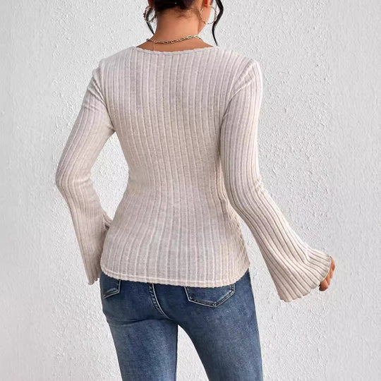 Damen geripptes Langarm-Top mit herzförmigem Dekolleté Taillennaht Twist-Detail und Trompetenärmeln Nord Taschen