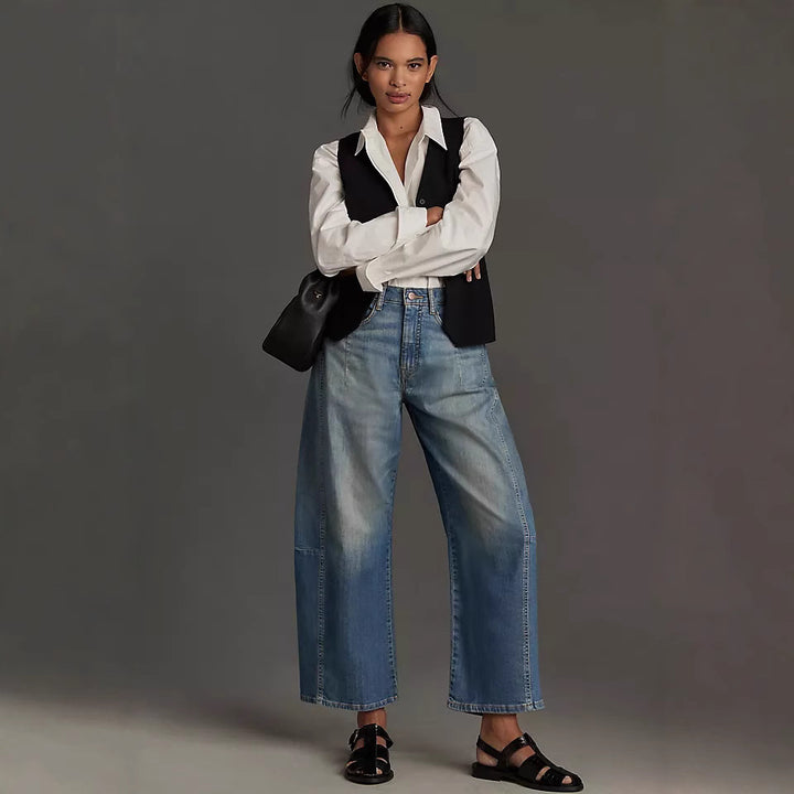 Damen hochgeschnittene weite Culotte-Jeans mit verkürzter Länge und dekorativen Nahtdetails Nord Taschen