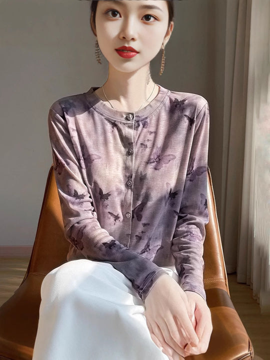 Damen Leichter Aquarell‑Print Feinstrick‑Cardigan mit Rundhalsausschnitt und Knopfleiste Nord Taschen