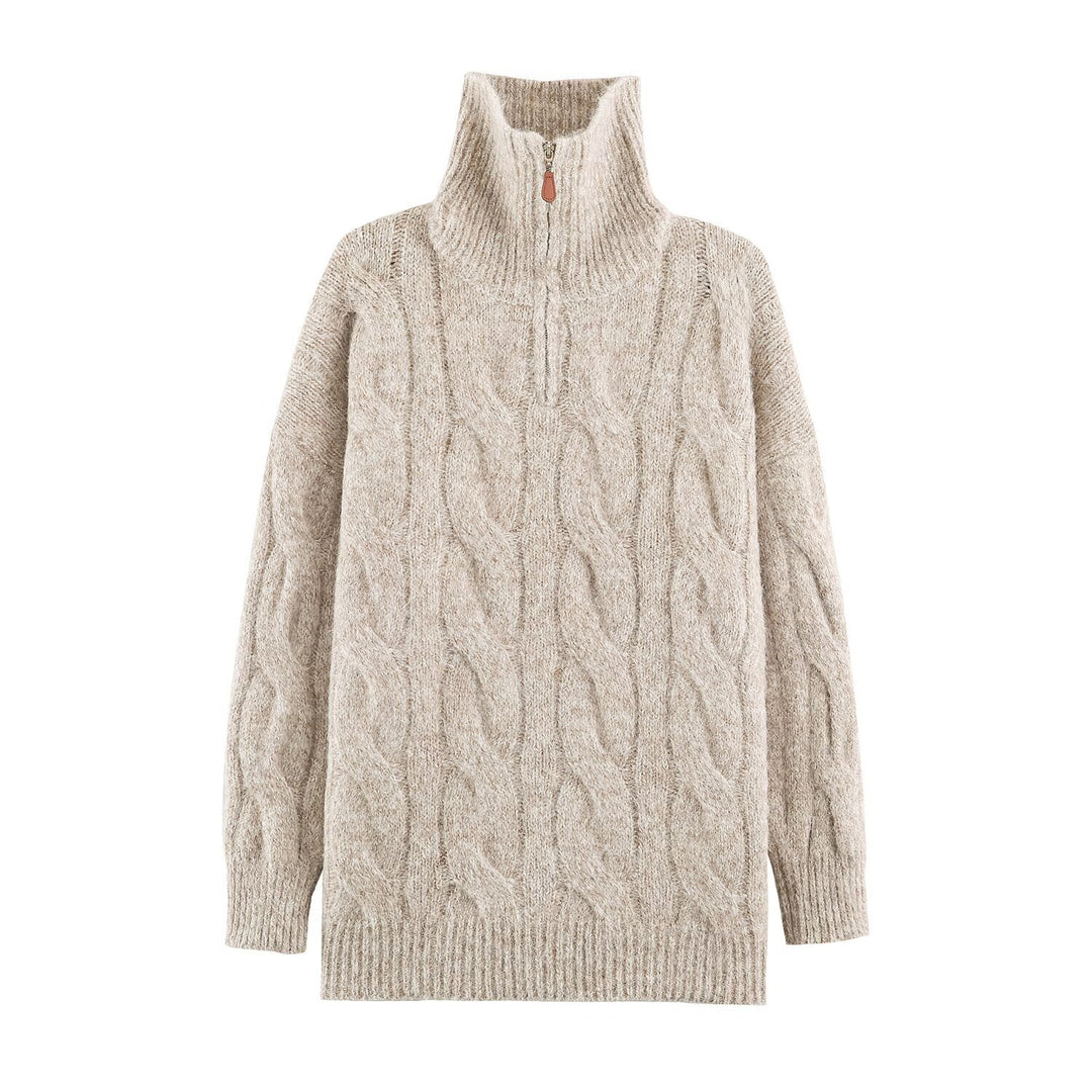 Damen Grobgestrickter Longpullover mit Zopfmuster und halbhohem Reißverschlusskragen Nord Taschen