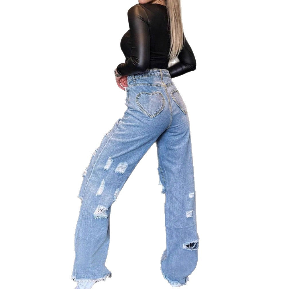 Damen Hochtaillierte Baggy-Jeans mit großflächigen Destroy‑Rips und ausgefranstem Saum Nord Taschen