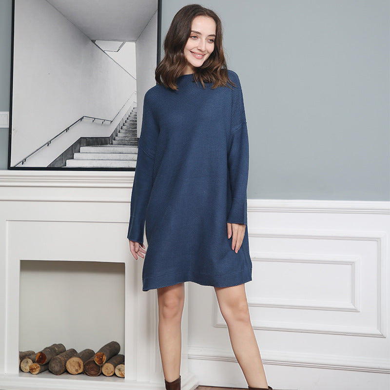 Damen Oversize Strick-Tunika mit kurzem Stehkragen und überschnittener Schulter Nord Taschen