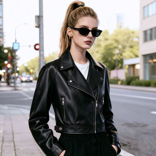 Damen Kurz geschnittene taillierte Bikerjacke aus Nappaleder mit asymmetrischem Reißverschluss Nord Taschen