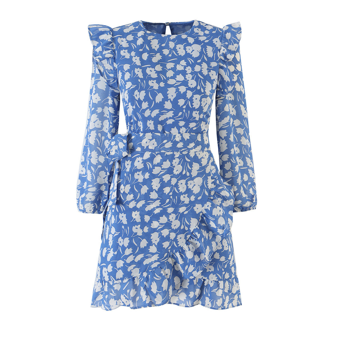 Damen Florales Chiffon-Wickelkleid mit Schultervolants und Taillengürtel Nord Taschen