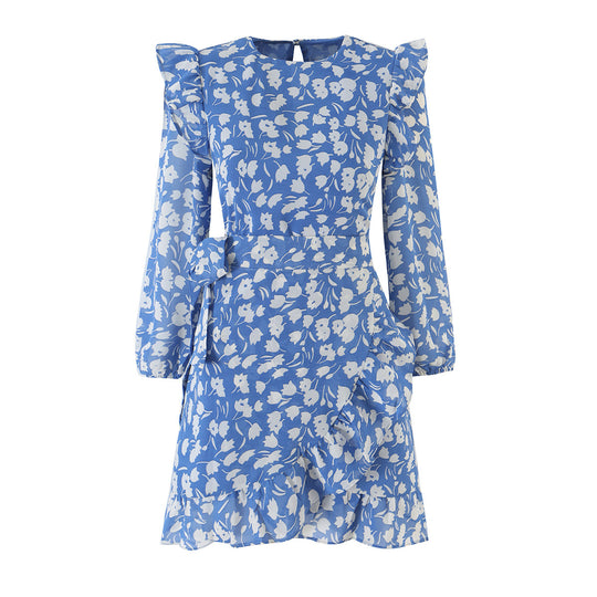 Damen Florales Chiffon-Wickelkleid mit Schultervolants und Taillengürtel Nord Taschen