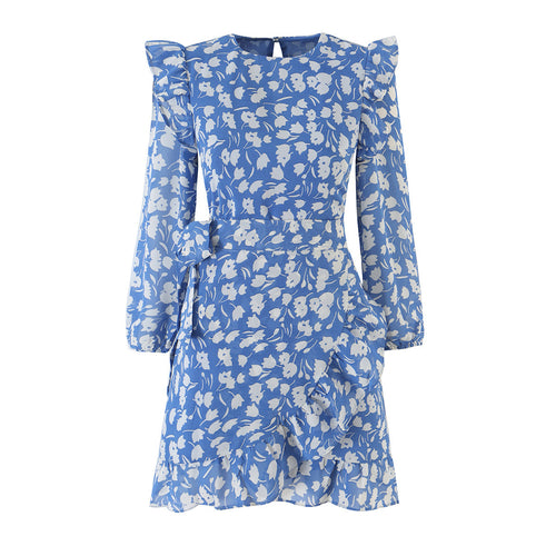 Damen Florales Chiffon-Wickelkleid mit Schultervolants und Taillengürtel Nord Taschen