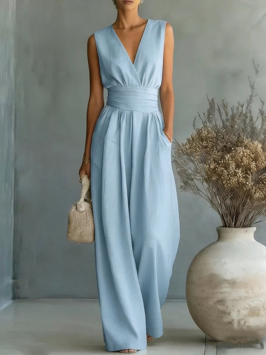 Eleganter Ärmelloser Jumpsuit mit Tiefem V-Ausschnitt, Taillenbund und Weitem Bein Avellé