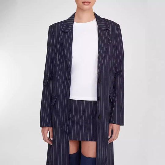 Damen Oversize Longline-Mantel im Nadelstreifen-Look mit Schlitz und Pattentaschen Nord Taschen
