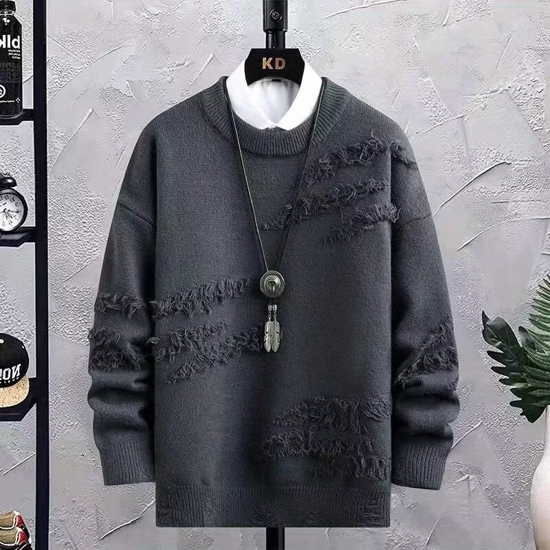 Herren Oversized Strickpullover mit Fransen‑Used‑Details und Rundhalsausschnitt Nord Taschen