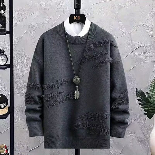 Herren Oversized Strickpullover mit Fransen‑Used‑Details und Rundhalsausschnitt Nord Taschen