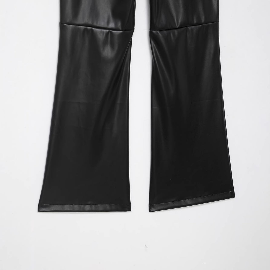Damen hochgeschnittene ausgestellte Kunstlederhose mit Schnürungsdetail in der Taille Nord Taschen