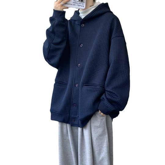 Herren Oversize-Stepp-Kapuzenjacke mit Waffelstruktur, Knopfleiste und Eingrifftaschen Nord Taschen