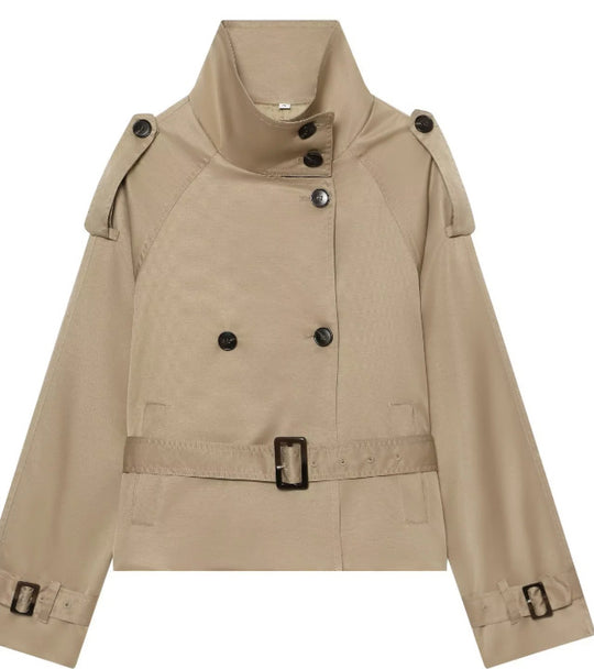 Damen Kurz geschnittener Trenchblouson mit hohem Stehkragen und Taillengürtel Nord Taschen