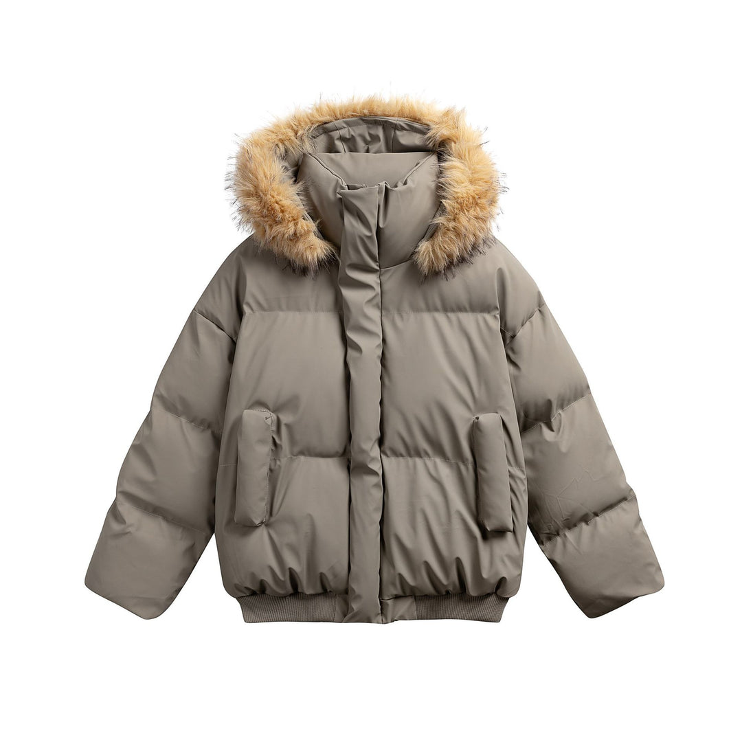 Damen Wattierte Kurzsteppjacke mit Kunstfellkapuze und geripptem Saum Nord Taschen