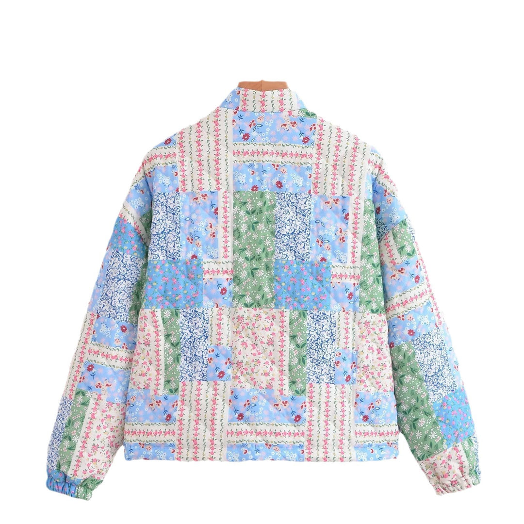 Damen Gepolsterte Patchwork Steppjacke mit Stehkragen und Druckknopfverschluss Nord Taschen