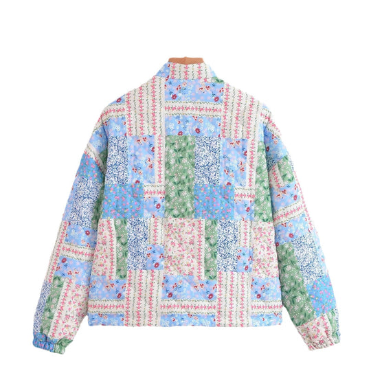 Damen Gepolsterte Patchwork Steppjacke mit Stehkragen und Druckknopfverschluss Nord Taschen