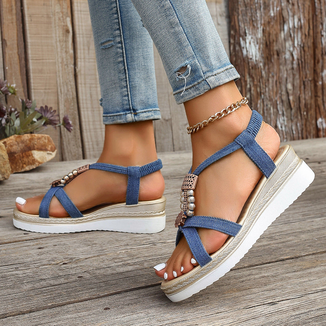Damen Wedge-Sandalen mit dekorativem Perlen-Detail und hohem Komfort