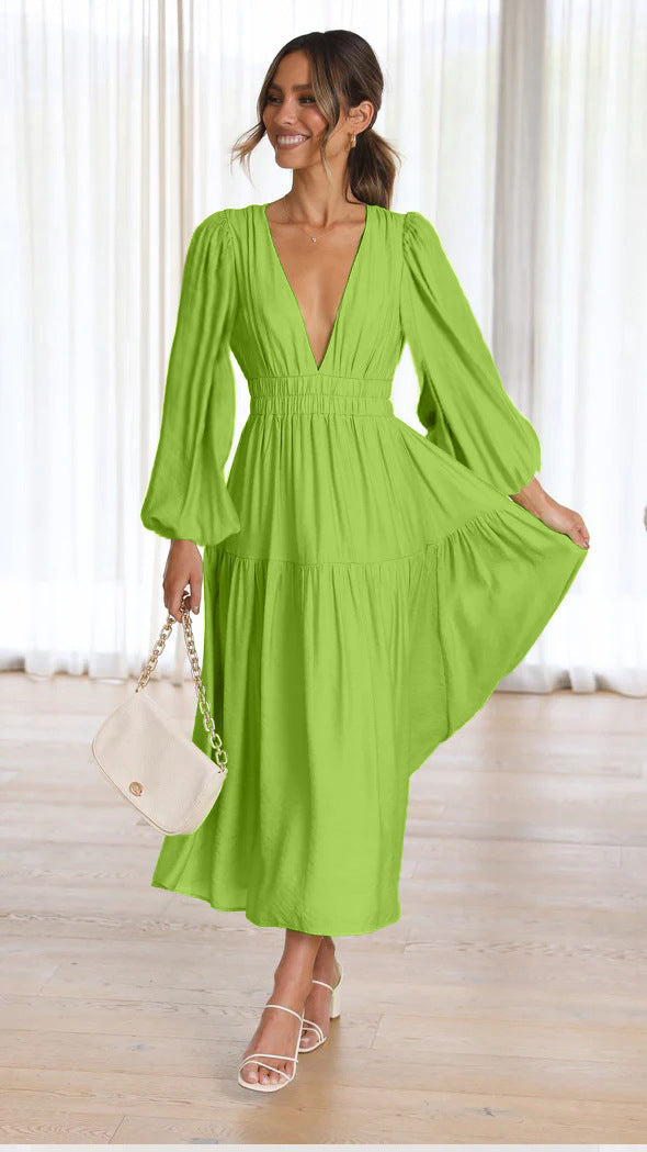 Damen Langarm Maxikleid mit tiefem V-Ausschnitt und weitem Rock