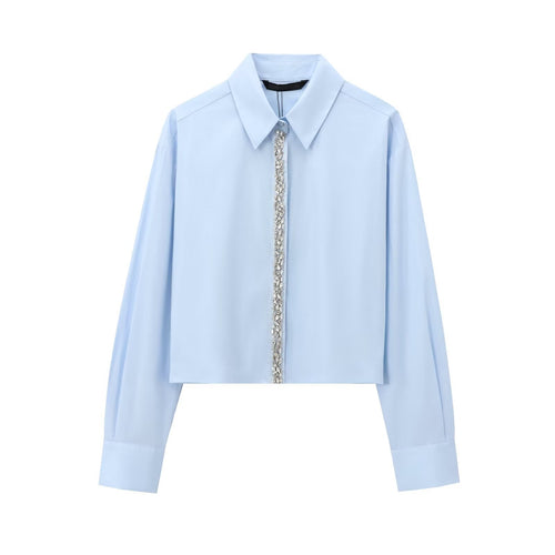 Damen Cropped Hemd mit Kristallverzierung und Oversized-Kragen Nord Taschen