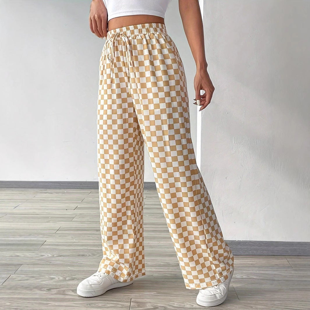 Damen Weite Freizeithose mit kariertem Muster und elastischem Bund