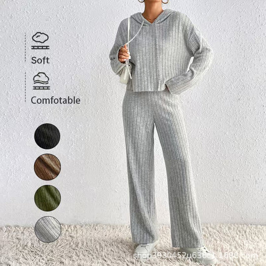 Damen Geripptes Kuschel-Lounge-Set aus Chenille mit Kapuzenpullover und weitem Hosenbein Nord Taschen