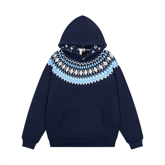 Unisex Oversize Kapuzenpullover mit nordischem Rundpasse-Jacquard, Kängurutasche und Rippbündchen Nord Taschen