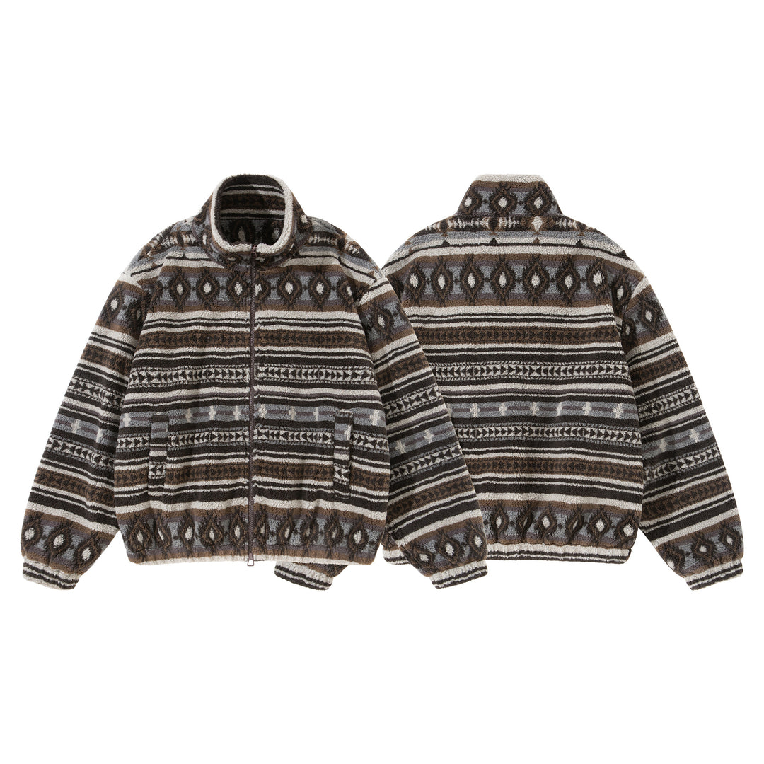 Unisex Kurzblouson aus Teddyfleece mit Ethno‑Muster und Stehkragen Nord Taschen