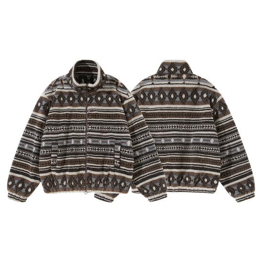 Unisex Kurzblouson aus Teddyfleece mit Ethno‑Muster und Stehkragen Nord Taschen