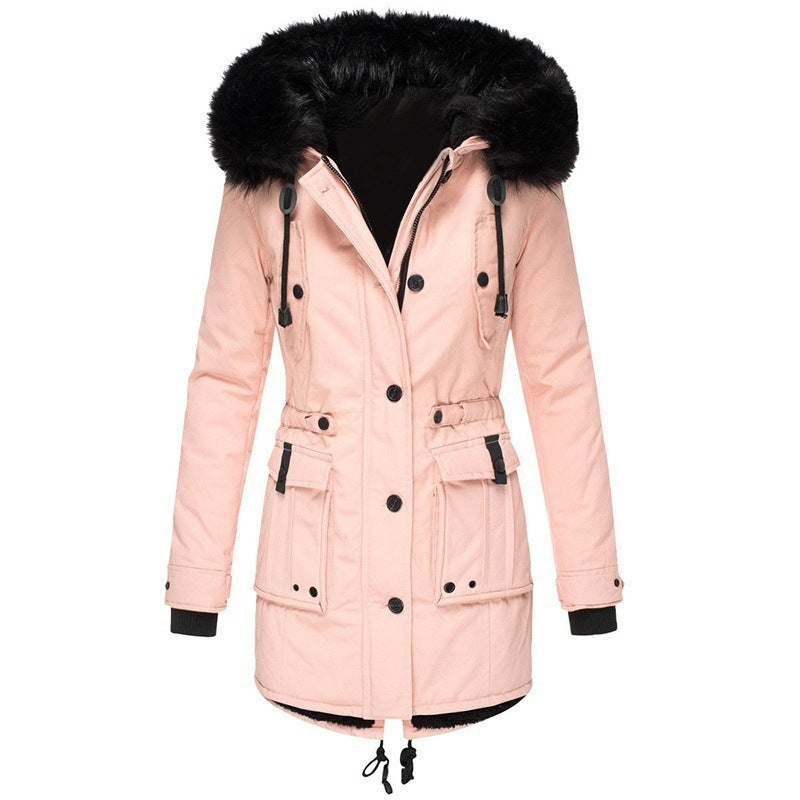 Damen Gefütterter Parka mit Kapuze und abnehmbarem Kunstpelzbesatz, taillierter Wintermantel Nord Taschen