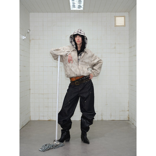 Unisex Kurz geschnittene Boxy‑Jacke aus Wildlederoptik mit kariert gefütterter Kapuze Nord Taschen