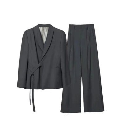 Damen Asymmetrisches Wickel-Blazer-Set mit Bindegürtel und weitem Bundfaltenhose Nord Taschen