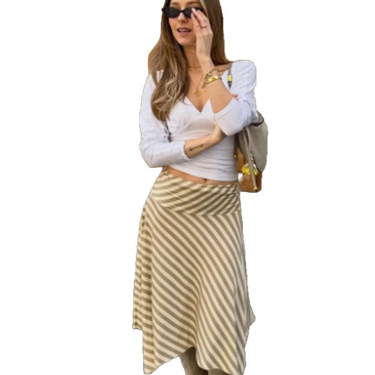 Damen Gestreifter A‑Linien Midirock mit asymmetrischem Saum und fließender Silhouette Nord Taschen