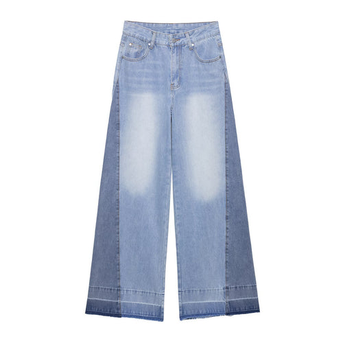 Damen weite Patchwork-Jeans mit hohem Bund, Kontrastseiten und rohem Saum Nord Taschen