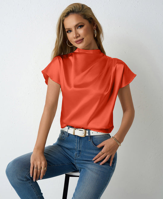 Damen elegante Satin Bluse mit Stehkragen